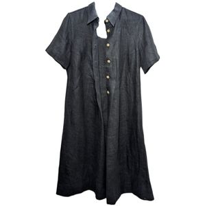 Harvé Bernard Black Faux Button Down Linen Midi Dress - 14W